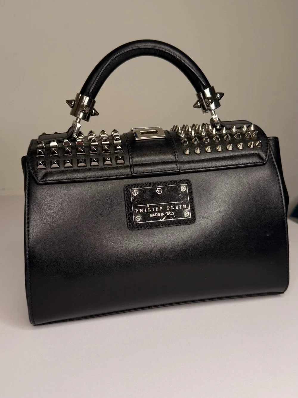 Philipp Plein Black Leather Studded Top-Handle Satchel